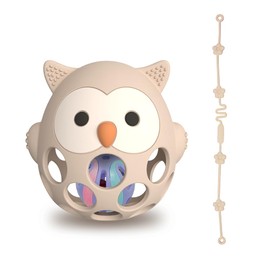 Teething Ring & Rattle for Babies - Sensory Toy from 0 Months, Teething Aid & Grasping Ball - Gift for Boys & Girls (Owl-White)