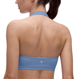 CRZ YOGA Womens Butterluxe Halter Sports Bras - Scoop Neck Padded Open Back Yoga Crop Gym Tops Low Impact Oasis Blue Small