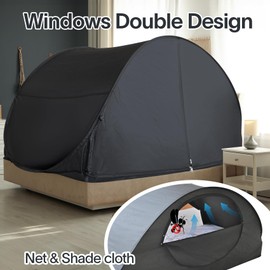 LEEDOR Pop Up Bed Tent with Mesh & Shade Cloth Window,Bed Canopy Shelter Cabin Indoor Privacy Space Sleeping Tents,Blackout Light Reduction Breathable Dream Tent with Portable Bag for Kids Adults Full