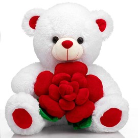 BEJOY Teddy Bear Stuffed Animals Plush Bear Holding Rose Soft Plush Toy Valentine's Day, 16 Inch, White