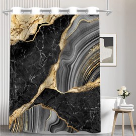 Hotel Style Hookless Shower Curtains 71 x 72 Inch, GRDNON Shower Curtains for Bathroom No Hook Shower Curtain (Black Marble Style, 1 Set)