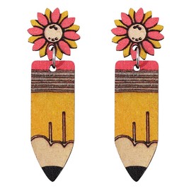 Personality Wooden Pencil Books Dangle Drop Earrings Double Sided Wooden Teacher Student Earrings for Women Teachers Appreciation Day Gifts Graduation Jewelry (Yellow Sunflower Stud Earring)