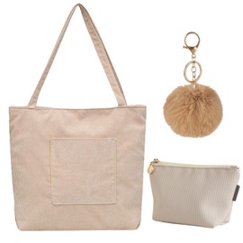 AYNKH Ladies Corduroy Bag Large Shoulder Bag, with a Small Pocket and a Fur Ball Pendant, Large Shoulder Bag,Tote Bag Ladies, for Work, School, Travelling, Shopping