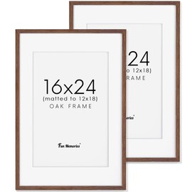 16x24 Picture Frame, Solid Oak Wood 16x24 Frame, 16”x24" Poster Frame - Real Glass, 16x24 Frame Matted to 12x18, 16 by 24 Wood Frame for Wall (Walnut Color, 2 Pack)