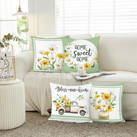 Bonhause Set of 4 Cushion Covers Flowers Spring 45 x 45 cm Home Sweet Home Flower Truck Farmhouse Decorative Cushion Covers for Sofa Home Garden Spring Decoration