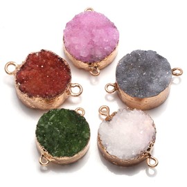 LHJ 5Pcs Natural Stone Connectors Round Druzy Geode Agate Pendant Charms for Jewelry Making Craft Necklace