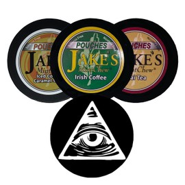 DC Crafts Nation Skin Can Cover Illuminati with 3 Can Sampler Jake's Mint Chew Iced Coffee Caramel Swirl, Irish Coffee, Chai Tea Pouches