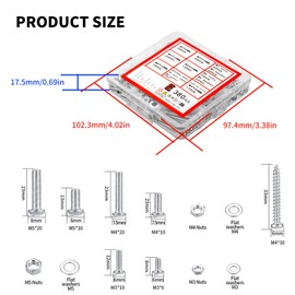 wugongshan wugongshan 380 Pcs Screws Bolts and Nuts Assortment Kit, Metric Machine Screws and Nuts and Flat Washers, M3/M4/M5 Slotted Pan Head Hex Bolts Sets (E)