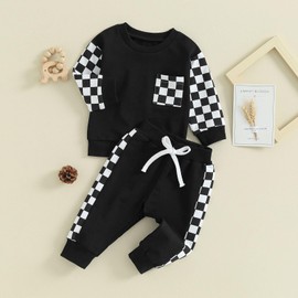 XIXIMAON Baby Boy Spring Autumn Outfits Long Sleeve Crew Neck Sweatshirt Tops Elastic Joggers 2 Piece Toddler Tracksuit Newborn Checkerboard Clothes (Black, 18-24 Months)