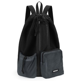 WANDF Swim Mesh Beach Bag Drawstring Backpack for Swimming Gym and Workout Gear with Wet Pocket Large Pool Bag (Black)