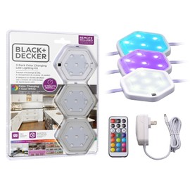 BLACK+DECKER LEDUC-PUCK-3RGB Color Changing LED Puck Light Kit with Remote, Tool-Free Install, Dimmable, 3-Pack, RGBW (Red, Green, Blue, Cool White)