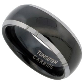 Sabrina Silver Tungsten Carbide 8 mm Domed Wedding Band Ring Two-Tone Black Finish Beveled Edges Size 10
