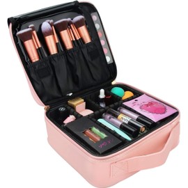 Relavel Travel Makeup Train Case Makeup Cosmetic Case Organizer Portable Artist Storage Bag with Adjustable Dividers for Cosmetics Makeup Brushes Toiletry Jewelry Digital Accessories (Pink)