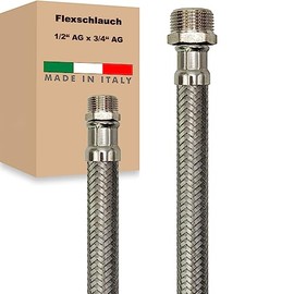 Flexible Hose AG x AG Stainless Steel Reinforced Hose Connection Hose Sanitary Tap Hose Domestic Waterworks Made in Italy (1/2 Inch x 3/4 Inch - 300 mm)