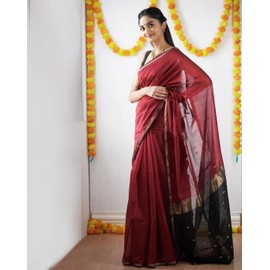 Jaanvi fashion Women's Cotton Blend Saree With Zari Work & Unstitched Blouse Piece, Maroon, Free Size