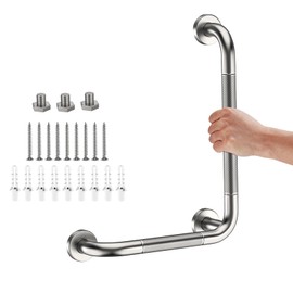 L-Shaped Angled Grab Bar 12x16 Inch Brushed Nickel Anti-slip Knurled Shower Handle Wall Mount, Stainless Steel Shower Bar for Seniors Injured Balance Support, Handicap Grab Bars for Bathtubs & Showers