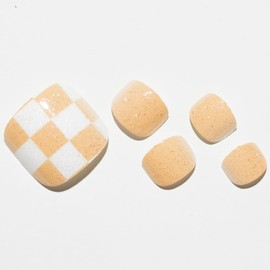 GLAMERMAID Press on Toenails, Spring Summer Glitter Yellow Plaid Gel Glue on Toe Nails, 24Pcs Glossy Toe Nails Reusable UV Finish Fake Nails Acrylic False Nails Manicure Kits for Women