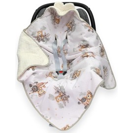 CAR SEAT Baby Insert/Blanket/Cover/Cosy Toes/Foot muff Cotton & Waffle-Effect Mink Plush 80 x 80cm Dual Layer with Hood (Fox and Bear/Cream)