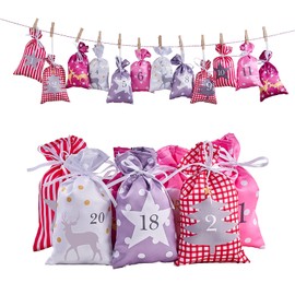Advent Calendar for Filling Large (12 x 21 cm), 24 Fabric Bags Chain for DIY Crafts and Hanging, 2023 Christmas Calendar Self-Filling Gift Bags for Children Girls Women