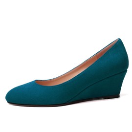 WAYDERNS Zapatos de tacón bajo de cuña con puntera redonda sólida para mujer, de 2 pulgadas, verde azulado, 9.5 US