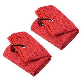 PATIKIL 16"x16" Tri-Fold Golf Towels, 2 Pack Waffle Pattern Towels Soft Fiber Strong Water Absorption with D Clip for Golf Lovers, Red