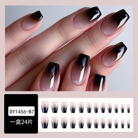 Gradient Black Press on Nails Medium Coffin Fake Nails Nude Ombre Glue On Nails Acrylic Nails Press ons Reusable Glossy False Nails for Women Girls Manicure 24pcs