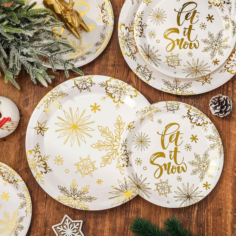 JarThenaAMCS 50Pcs Christmas Paper Plates Set Gold Foil Snowflake Disposable