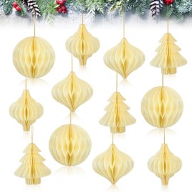 Namalu 12 Pcs Christmas Honeycomb Ornaments Balls Glitter Edge Christmas Tree Decorations Xmas Hanging Paper Ornament for Vintage Christmas Tree Holiday Home Party Decor (White)