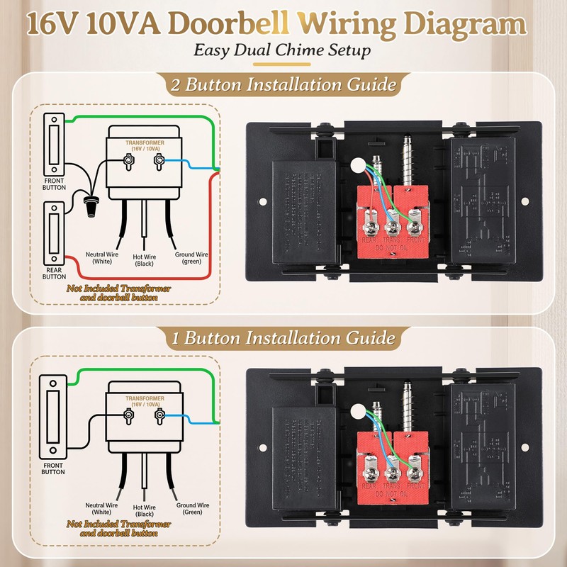 Doorbell Chime Box Wired with 16V 10VA Wired Mechanical, Black,