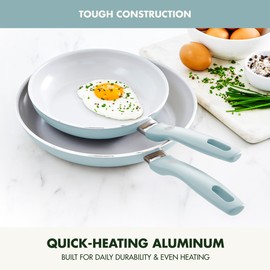 GreenPan Dover 8” and 10” 2 Piece Frying Pan Skillet Set, Non-Toxic PFAS-Free Ceramic Nonstick Coating, Sear Saute Fry Egg Omlete, Dishwasher & Oven Safe, Stay Cool Handle, Easy Pour Rims, Blue Haze