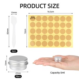 RVLZKCPG Aluminium Lip Balm Containers, Pack of 30 Small Tins, 5 ml Cream Jars for Filling, Jars with Lid with Round Stickers and Cream Scoop for Lip Balm, Cosmetics, Cream, Samples (Silver)