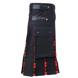 Men's Plus Size Scottish Hybrid Black Cotton & Tartan Utility Kilt with Leather Straps (Wallace 34)