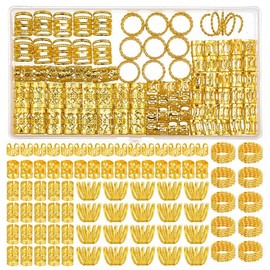 Firtink Pack of 110 dreadlocks jewellery, hair accessories, rings, adjustable metal hair accessories, gold braids, jewellery, hair jewellery with storage box, aluminium hair rings, for women and men,