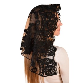 Maria Veils Catholic Mantilla Mass Veil Church Lace Veil Spanish Chapel Mass Head Covering Veil SHORT (Black)