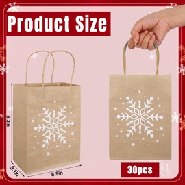 JarThenaAMCS 30Pcs Winter Kraft Paper Bags with 40 Sheets Tissue Paper Brown White Snowflake Candy Treat Bags with Handles for Christmas Party Favors Supplies