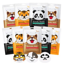Moisturising Mask, Cloth Mask, Hyaluronic Mask, Face Animal Masks, Dog Mask, Panda Mask, Tiger Mask, Beauty Face Mask, Women, Moisturises, Reduces Fine Lines, Pack of 9