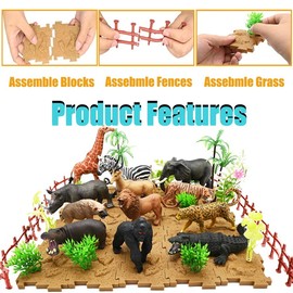 65PCS Safari Animals Figures Toys, Realistic Plastic Jungle Zoo Wild Animals with Fence Building Blocks Storage Box Christmas Birthday Gift for Kids 3-8