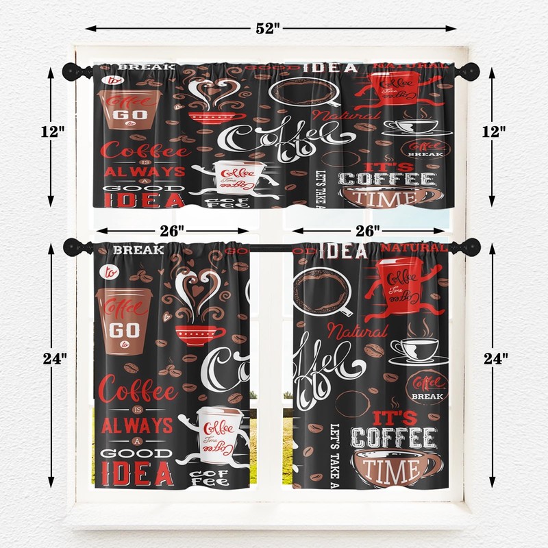 Tayney Coffee Kitchen Window Curtains Valance and Tier Set, Black