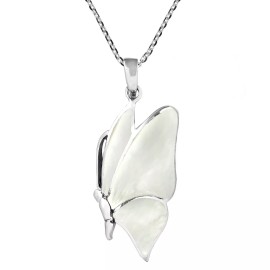 AeraVida Flying Monarch Butterfly Mother of Pearl Sterling Silver Necklace