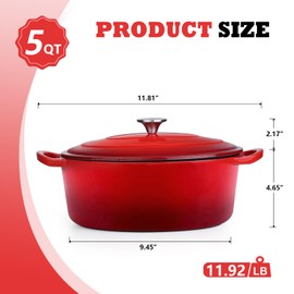 P&P CHEF Dutch Oven Pot with Lid, 5 Quart Oval Enameled Cast Dutch Oven Pot, Non-Stick Pot for Bread Baking, Braising, Cooking, Multi Stoves & Oven Safe, Red