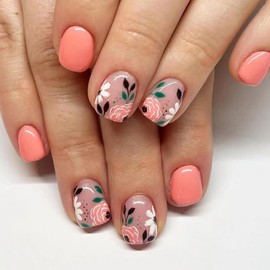 AkiliBIELY Short Press on Nails Square Pink White Black Green Floral Cute Glue on Nails Women Fake Nails Acrylic Gel Stick on Nails Fantasy Classy Full Cover Pretty False Nails Wedding Birthday