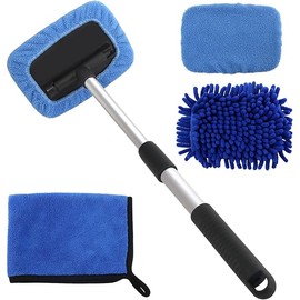 5 PCS Windshield Cleaning Tools, 18 inch Microfiber Car Window Cleaning Tool with Extendable Handle, Auto Interior Exterior Glass Wiper Car Glass Cleaner Kit with Microfiber Bonnet Pads and Cloth
