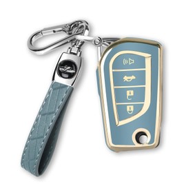 MILD EAST Flip Key Fob Cover for Toyota Fortuner Tundra Camry RAV4 Highlander Challenger, Soft TPU Car Key Shell Case with Keychain, 4 Button, Blue