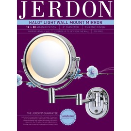 Jerdon HL65C 8-Inch Lighted Wall Mount Makeup Mirror with 5x Magnification, Chrome Finish