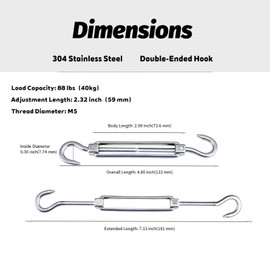 Kivomot 8 Pack M5 Hook & Hook Stainless Steel Turnbuckle – 304 Rust-Proof Wire Rope & Shade Sail Tensioner, Adjustable Length 5.5″–7.9″, Heavy Duty Cable Tightener for Outdoor & DIY Projects