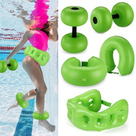 RoundFunny 5 Pcs Water Workout Combo Set Includes PVC Water Dumbbell Water Weight Swimming Float Belt Soft Padded for Water Aerobics, Pool Fitness, Water Exercise Tool (Green,Classic Style)
