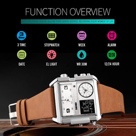 SKMEI Men's Digital Sports Watch, LED Square Large Face Analog Quartz Wrist Watch with Multi-Time Zone Waterproof Stopwatch (Silver Brown)