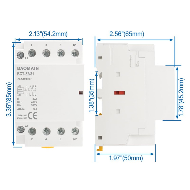Baomain 12V AC 4-Pole Modular Contactor, 32A 3NO1NC Normally Open