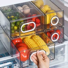 6 PCS Refrigerator Organizers And Storage Stackable Storage Drawers, Large Heavy Duty Fridge Organizer Bins Pull Out Refrigerator Organizer Bins, White Handle, 3 Drawers And 3 Small Cubes
