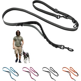 Nuvuq Correa Manos Libres Ajustable a la Cintura para Caminar y Hacer Senderismo con Perros medianos y Grandes, Correa elástica de 1.2 a 1.8 m con asa de tráfico, (8-54 kg, Negro)